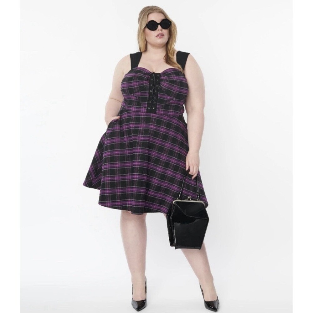 UNIQUE VINTAGE Purple Plaid Corset Flare Dress 2X/18 Retro
